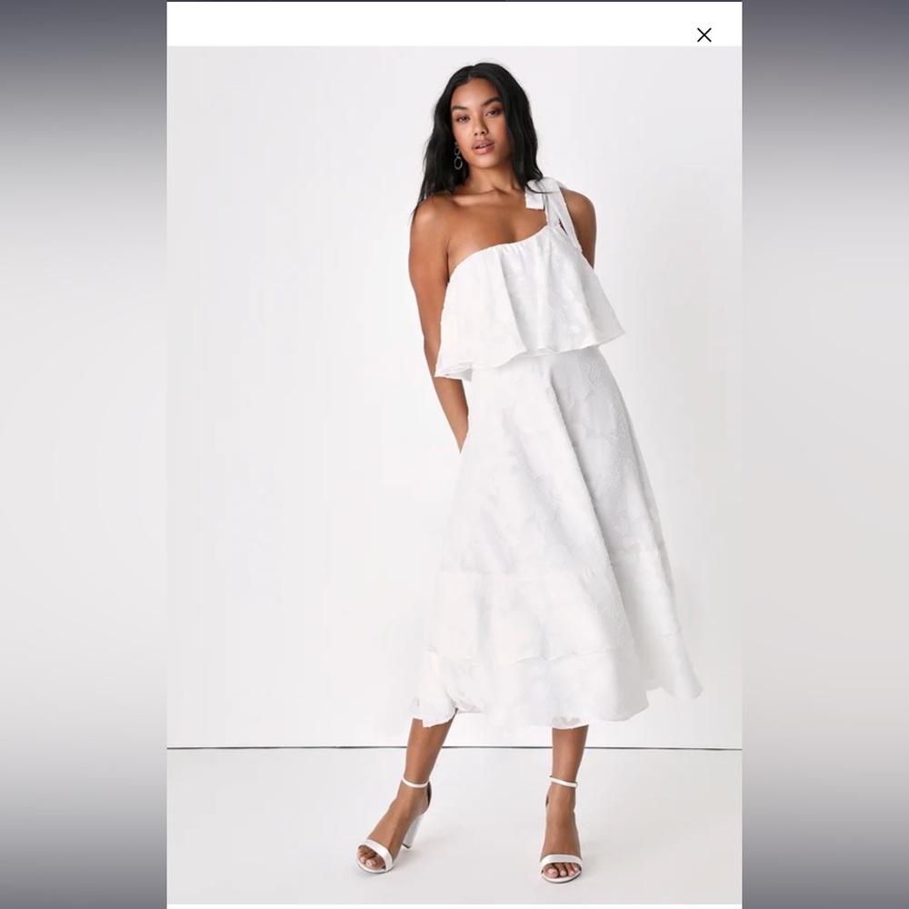Lulu’s Everlasting Loveliness White Floral One Shoulder MIDI Dress